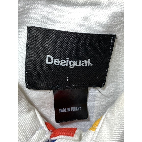 Desigual Multicolor Logo Print White Denim Jean Jacket L Graphic Button Front - Picture 13 of 16